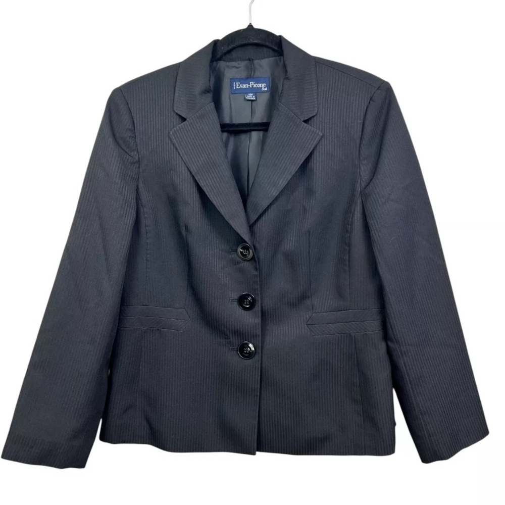 Evan Picone Pinstripe Womens Blazer Black 14 Notch Collar Ventless Lined Career